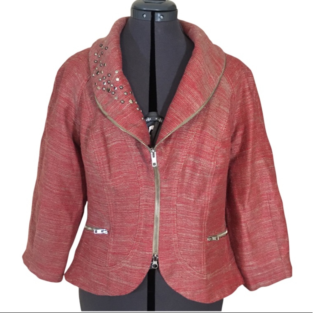 Emil Rutenberg Designer Linen Mix Rough Weave Red & Beige Stud Collar Jacket